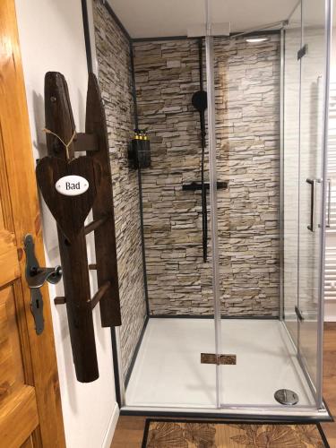 a shower with a glass door in a room at Bijou Hollandia in Engelberg