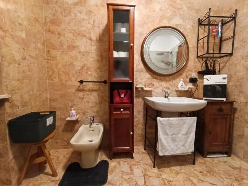 a bathroom with a sink and a toilet and a mirror at La Corte Nelle Vigne in Lavagno