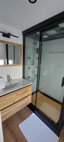 a bathroom with a glass shower and a sink at Gite Rive Charente La Cabane in Bords