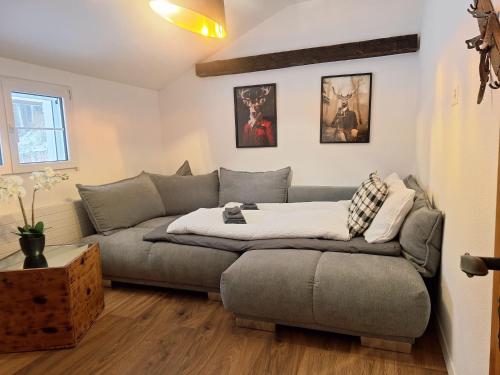a living room with a couch and a table at Bijou Hollandia in Engelberg