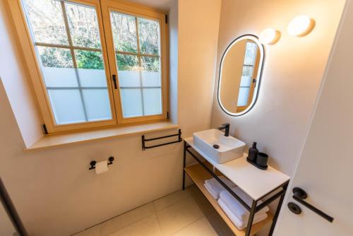 a bathroom with a sink and a mirror at Old Coach House in Bled