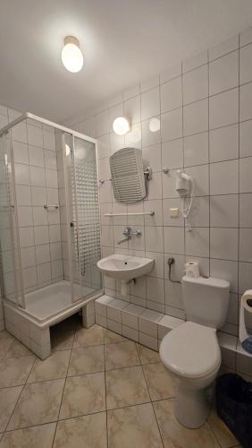 a bathroom with a toilet and a shower and a sink at Osiedle Studenckie w Słubicach in Słubice