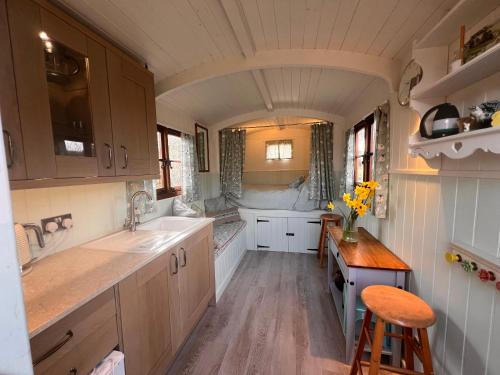 a small kitchen with a sink and a counter at Orchard Shepherds Hut in Calstock