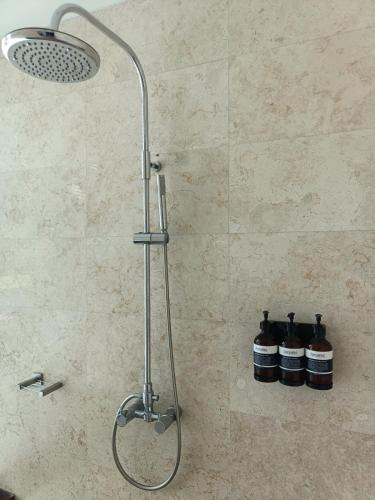 a shower in a bathroom with two bottles on the wall at Villa The Jiwa in Tanjung