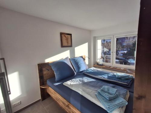 a bedroom with a bed with blue pillows and a window at Spatz am Joch in Oberjoch