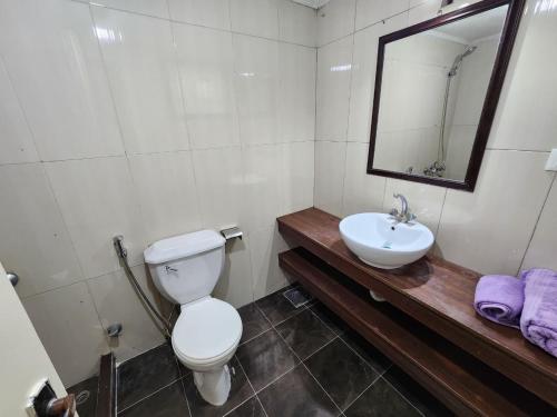a bathroom with a toilet and a sink and a mirror at HighLand Hotel in Aley
