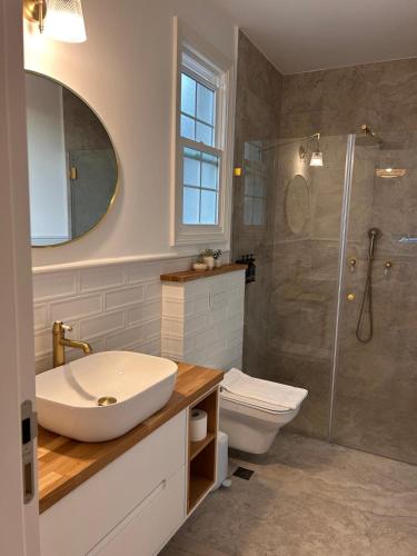a bathroom with a sink and a toilet and a shower at בצל האורן Betzel haoren in El-Rom