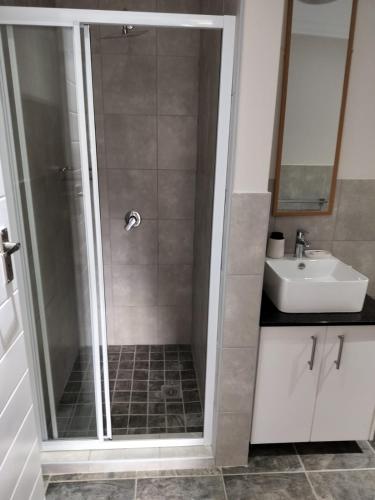 a bathroom with a shower and a sink at Zebra Lodge in Gqeberha