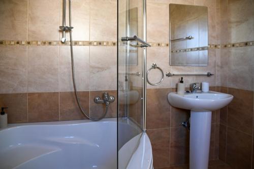 a bathroom with a shower and a sink and a tub at Sorelia Latchi Villas 1- Merope Irena in Polis Chrysochous