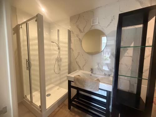 a bathroom with a shower and a sink and a mirror at Gîte de groupe La Chapinière 7 min ZooParc Beauval in Châteauvieux