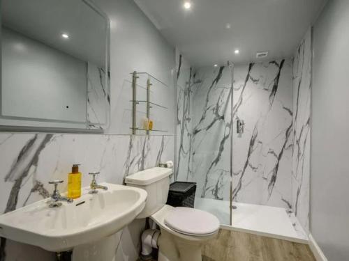 a bathroom with a toilet and a sink at Nith Riverside Cottages in Sanquhar