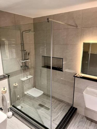 a bathroom with a shower with a toilet and a sink at Saadatus Apartment in Kaduna