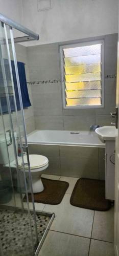 a bathroom with a toilet and a tub and a sink at HAPPY JUNGLE at 6 in St Lucia