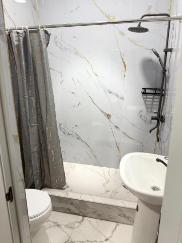 a bathroom with a shower and a toilet and a sink at Adel in Almaty