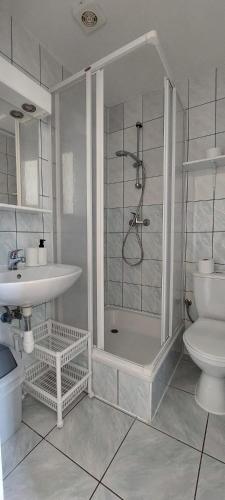 a bathroom with a shower and a toilet and a sink at Willa Wiselka in Wisełka