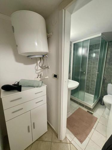 a bathroom with a sink and a toilet and a shower at Bungalow Punta in Umag