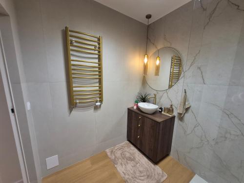 a bathroom with a sink and a mirror at Apartamenty Zajazd u Marcela in Tuchola