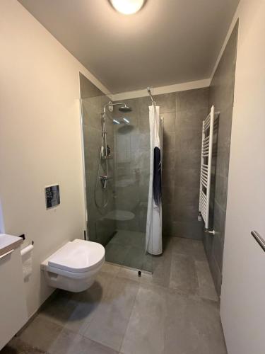 a bathroom with a shower and a toilet and a sink at Cozy ocean front apartment in Reykjavík