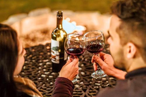 two people holding up glasses of red wine at Smart Hotel Reserva Campos do Jordão in Campos do Jordão