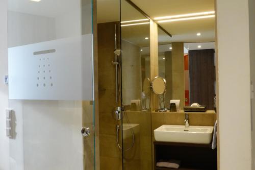 a bathroom with a sink and a shower with a mirror at Jägermayrhof in Linz