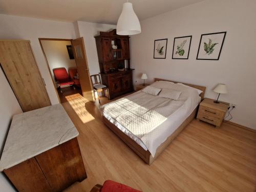 a bedroom with a large bed and a red chair at Apartament Złota Woda in Głuszyca