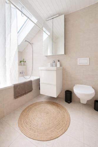 a bathroom with a sink and a toilet and a rug at Quiet Forest-Side Apartment in Flamatt