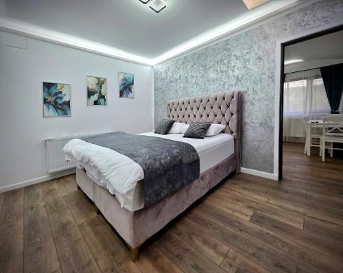 a bedroom with a large bed and a mirror at Family House Deva in Deva