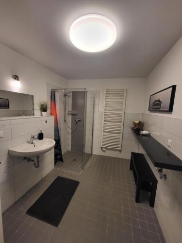 a large bathroom with a sink and a shower at 02 Kornblume - Hof Wiesengrund in Parchtitz