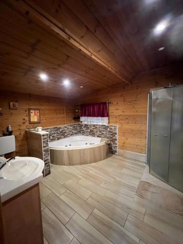 a large bathroom with a tub and a shower at בקתת העץ של מירה ואמיר in Beit Hillel