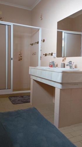a bathroom with a sink and a mirror and a shower at Yellow Owl II Bedroom II in Campanário