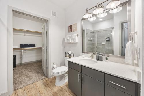 a bathroom with a sink and a toilet and a mirror at The Stockyard Retreat - Pool, Gym & Free Parking in Fort Worth