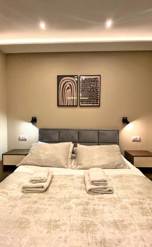 a bedroom with a large bed with two towels on it at Beli Bregovi Lux in Zlatibor