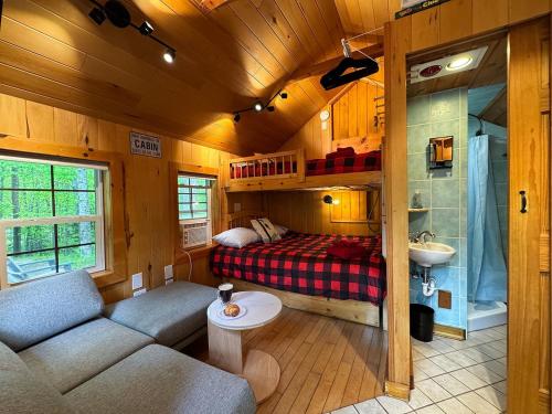 a living room with a couch and a bed in a room at Three Cabins - Pet Friendly & Hot Tub in Warren