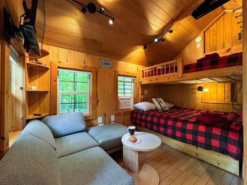 a living room with a couch and a bed in a cabin at Three Cabins - Pet Friendly & Hot Tub in Warren