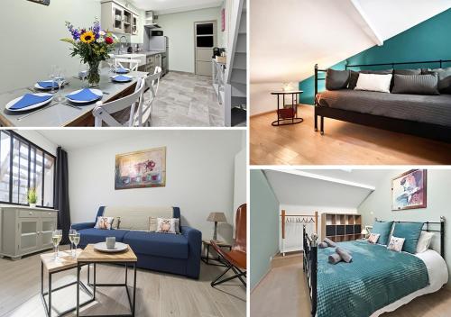 a collage of photos of a living room and a bedroom at le Gîte du Hibou in Rodemack