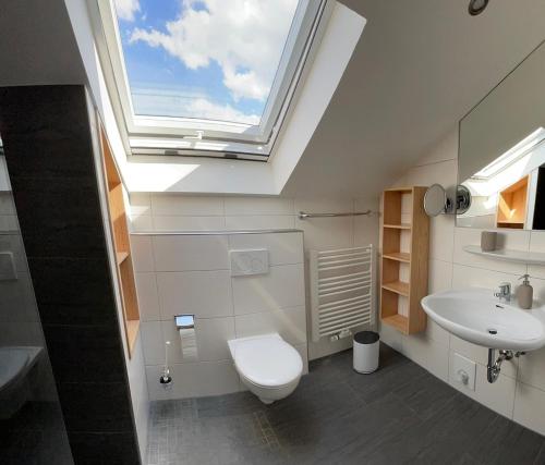 a bathroom with a toilet and a sink and a skylight at Lapperhof in Waging am See