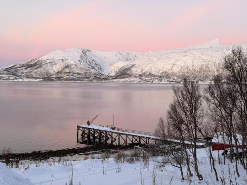 a dock in the middle of a lake with snow covered mountains at Nordic Sauna Retreat in Tromsø