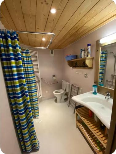 a bathroom with a sink and a toilet and a mirror at Super appart Risoul Alpes du Sud in Risoul