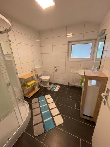 a bathroom with a toilet and a sink at Ferienhaus Schiemel in Altmünster