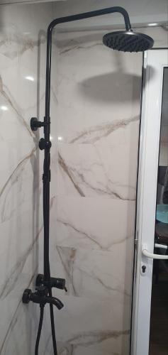 a shower with a glass door and a lamp at Къща за гости ОЗИ 3 in Ovchartsi