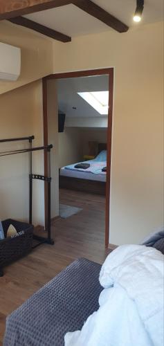 a bedroom with a bed and a mirror in a room at Къща за гости ОЗИ 3 in Ovchartsi