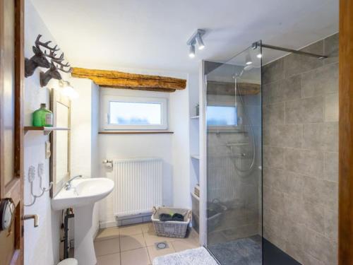 a bathroom with a shower and a sink at Gîte de la chapelle in Houffalize