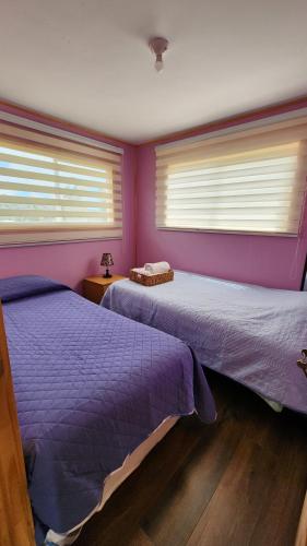 two beds in a bedroom with purple walls and windows at Canto del Bosque in Castro