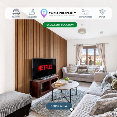 a living room with a couch and a tv at Loughton House - Central Location - Driveway Parking, Self-Check-In, Garden, Super-Fast Wifi and Smart TVs by Yoko Property in Milton Keynes