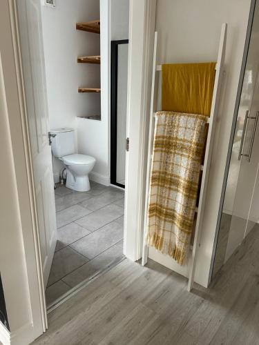 a bathroom with a toilet and a towel at The Studio in Dunfermline