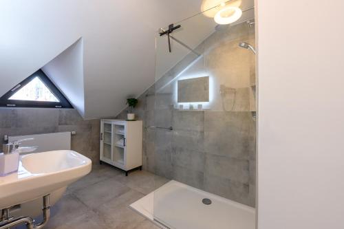 a bathroom with a shower and a sink at Quartier E in Naumburg