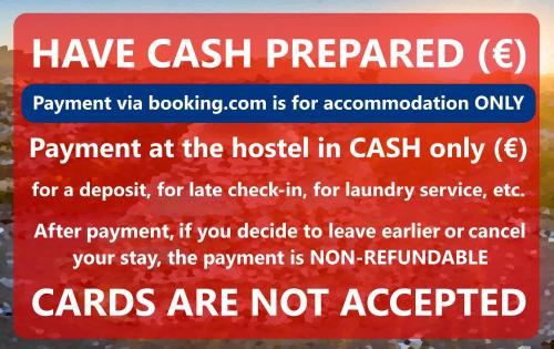 a sign that reads have cash at "No party & Many rules" Hostel N1 in Sofia