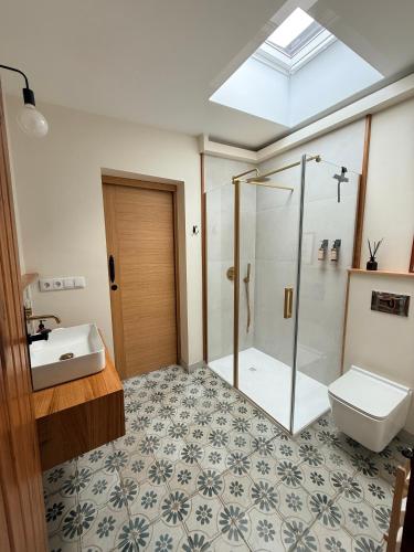 a bathroom with a shower and a toilet and a sink at O Caliu das Airas in León