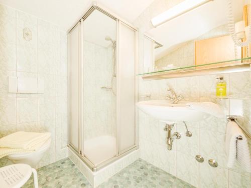 a bathroom with a shower and a sink and a toilet at Brückenhof in Finkenberg