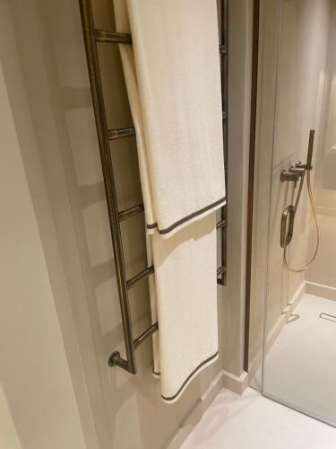 a towel rack in a bathroom with a shower at The Brompton Residence Hotel in London